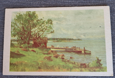 W.Toppelius: rantamaisema, mökki ja laituri, kulk 1947