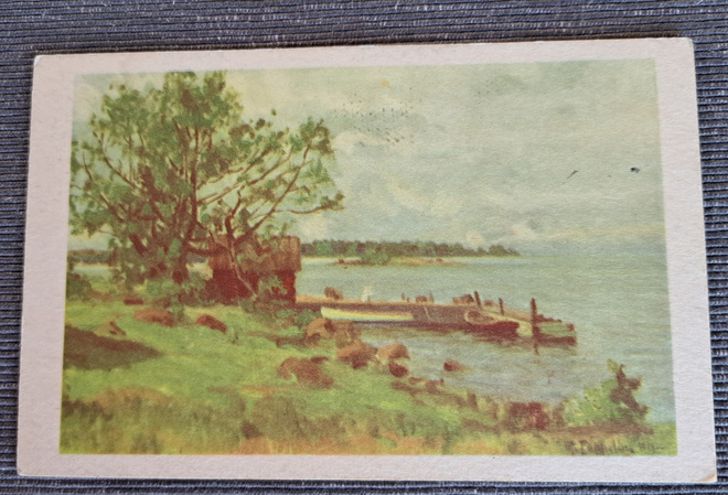 W.Toppelius: rantamaisema, mökki ja  laituri, kulk 1947