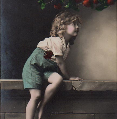 LAPSI / Soma poika muurilla tähyää omenoita. 1910-l.