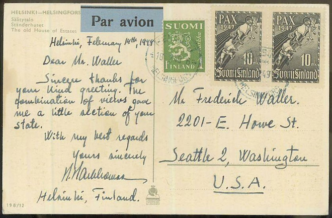 1947 10mk PAX ym lentokortti USAhan
