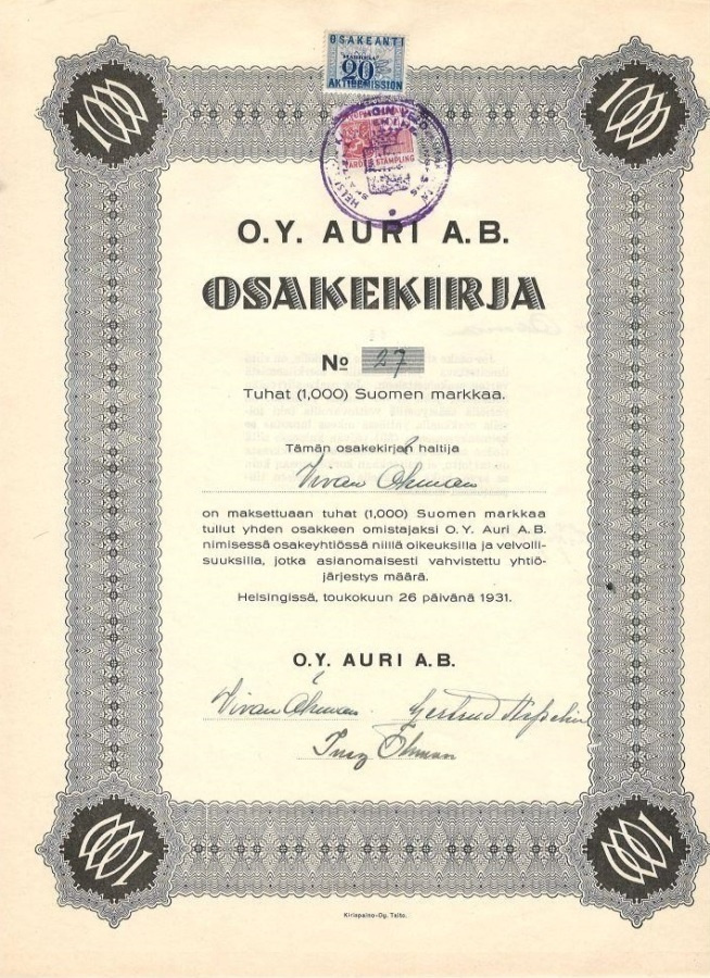 OKK 1931 Auri Oy, Helsinki osakekirja ravintola