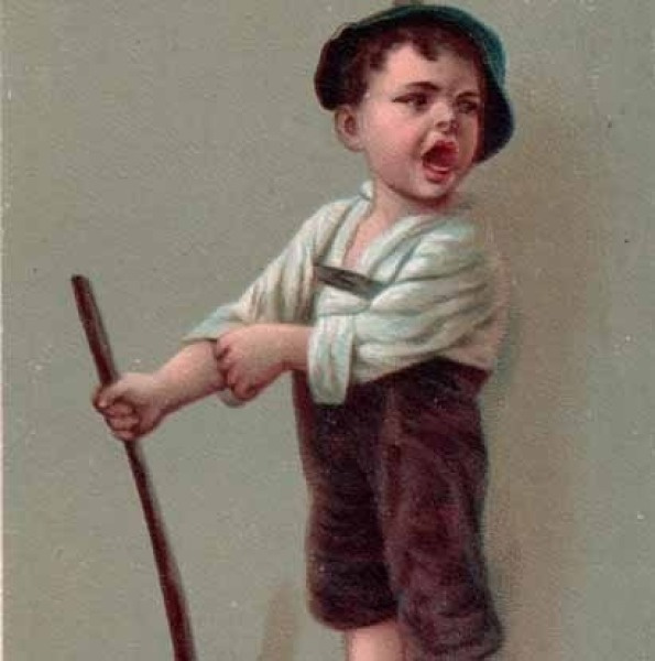 LAPSET / Hattupäinen poika nojaa keppiin ja jodlaa. 1910-l.
