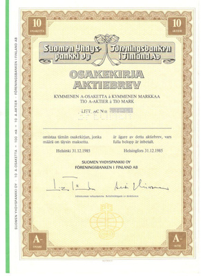 OKK obligatio Suomen Yhdyspankki A-osaketta 31.12.1985