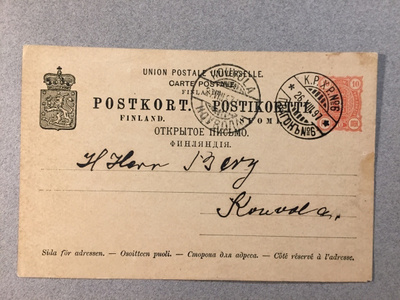 Postilähetys Ehiökortti Kouvolaan 1897