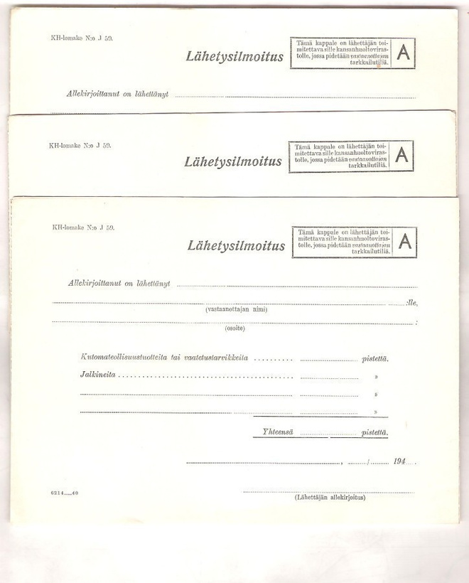 KH - lomake, Lähetysilmoitus, puhtaat, 3 kpl. 1940 lukua.