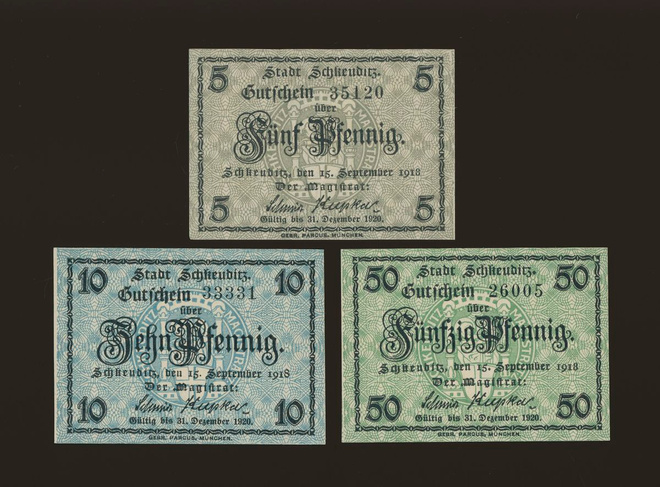 Saksa Notgeld 5, 10, 50 Pfennig, Schleiz 15.9.1918