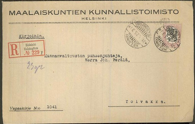 1917 1mk vapaakirjeen kirjausmaksuna