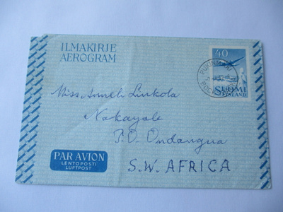1962 Pukinmäki aerogrammi Namibiaan