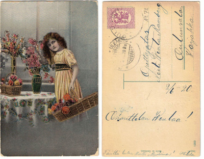 Vanha kortti, tyttö ja kukat, vuodelta 1920