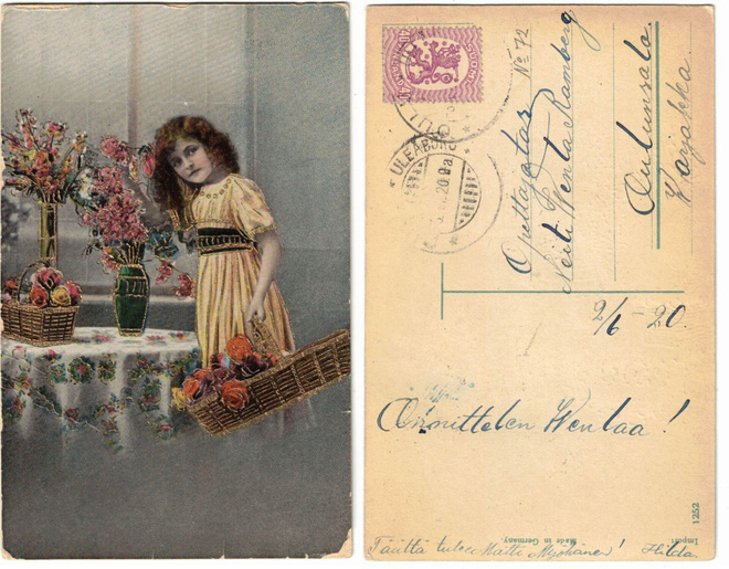 Vanha kortti, tyttö ja kukat, vuodelta 1920