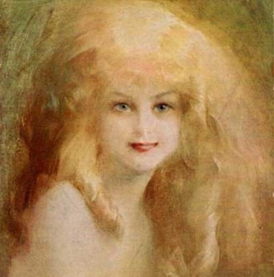 NAINEN / Hymyilevä tyttö ja kiharapilvi. 1910-l.