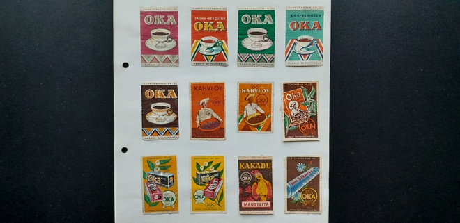TT Tulitikkuetikettejä OKA kahvi etikettejä, vanhoja 12 kpl
