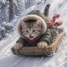 Kissa laskee kelkalla jyrkkää mäkeä - pikkukuva 1