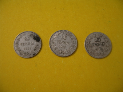 3 kpl 25p 1907, 1915 & 1917 - hopeaa