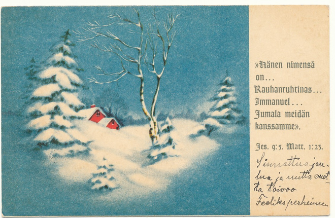 Talot hankien keskellä -vanha kortti