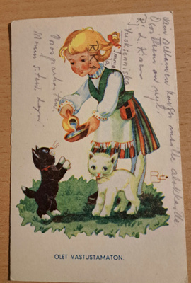 Ramstedt: tyttö ruokkii kissoja, kulkenut 1945
