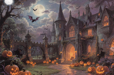 Halloween linnan piha täynnä kurpitsoja
