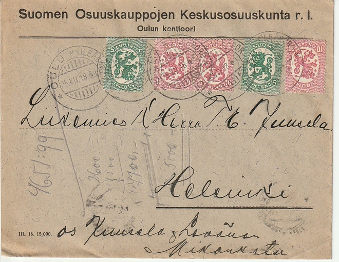 1918 Liikekirje Oulusta (SOK) Helsinkiin
