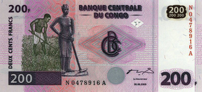 Congo Dem Rep 200 Francs 2000 P-95 UNC (K15-S86)