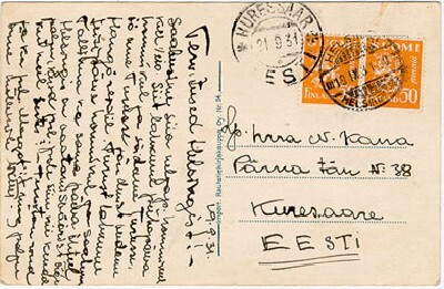 M30 1930 50p keltainen pari kortilla Viroon -31, tuloleima
