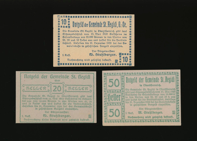 Itävalta Notgeld 10, 20, 50 Heller, Sankt Aegidi 1920