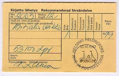 1987 Aihe- ja postihistoria kirjauskuitilla