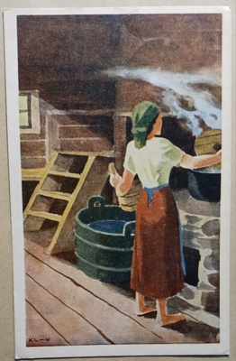 KL-N: Nainen lämmittää saunavesiä, p. 1943