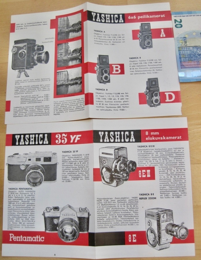 2 VANHAA Esitettä Yashica Kamerat 1950-l