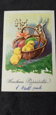 Vanha pääsiäiskortti, kuvataide kortti v. 54, tiput ja munat