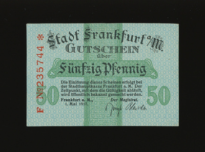 Saksa Notgeld 50 Pfennig, Frankfurt 1.5.1917 VF+