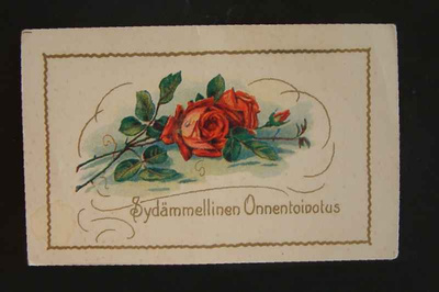 Vanha onnittelukortti vuodelta 1927, punaisia ruusuja