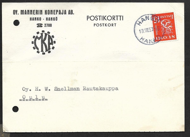 Postilähetys - Yl.m. 15mk (LAPE 400) Hangö 19.8.1953