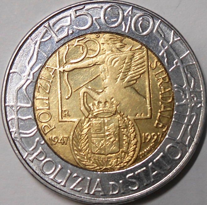 Italy. 500 lire ND(1997)R. National Police Code.