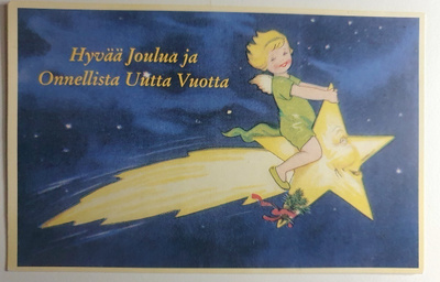 Joulukortti: Lapsi/enkeli ratsastaa pyrstötähdellä