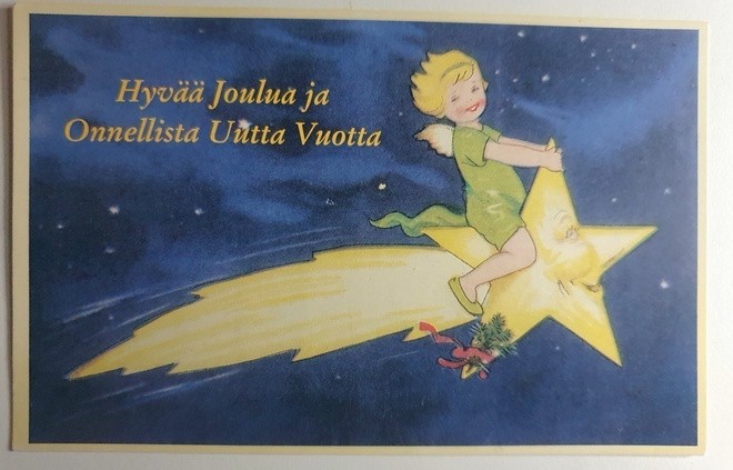 Joulukortti: Lapsi/enkeli ratsastaa pyrstötähdellä
