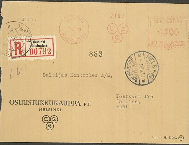 1938 frankkeerausleima 619 OTK - R-kirje Viroon