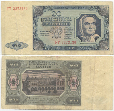 Puola Poland 20 Zlotych 1948 (P-137) VF