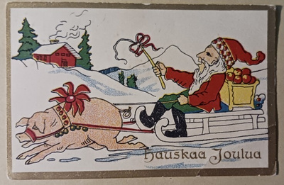 Possu vetää joulupukin rekeä, vanha pk, k. k-k