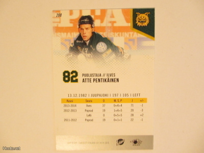 Cardset 2014-15 Atte Pentikäinen Ilves #208 virhekortti