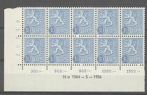 1956 30 (mk) sininen nro-10lö 1064 ++