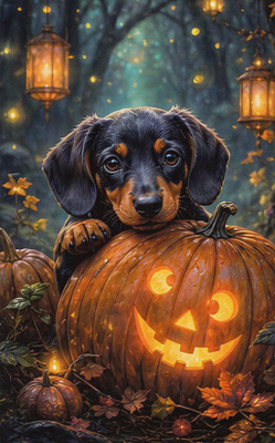 Halloween mäyräkoira ja suuri kurpitsa