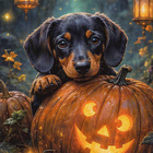 Halloween mäyräkoira ja suuri kurpitsa - pikkukuva 1