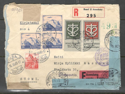 v. 1945 kirje Sveitsistä Suomeen, lipukkeita, leimoja, jne.