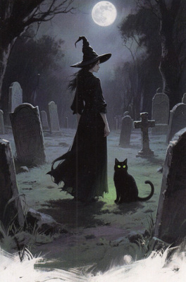 Halloween noita ja kissa hautausmaalla