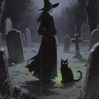 Halloween noita ja kissa hautausmaalla - pikkukuva 1