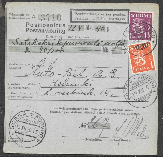 Postiosoitus - Yl.m. 1,5+1mk (LAPE 150+152) Porvoo 19.12.30