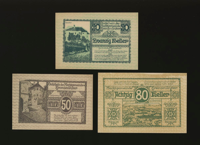 Itävalta Notgeld 20, 50, 80 Heller, Kremsmuenster