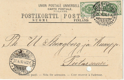 1910 Vaasasta Pietarsaareen kortti 2x5p rengasmerkki parilla