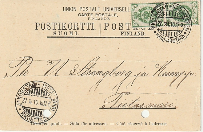 1910 Vaasasta Pietarsaareen kortti 2x5p rengasmerkki parilla