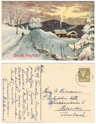 Vanha kortti, luminen talvimaisema, vuodelta 1948
